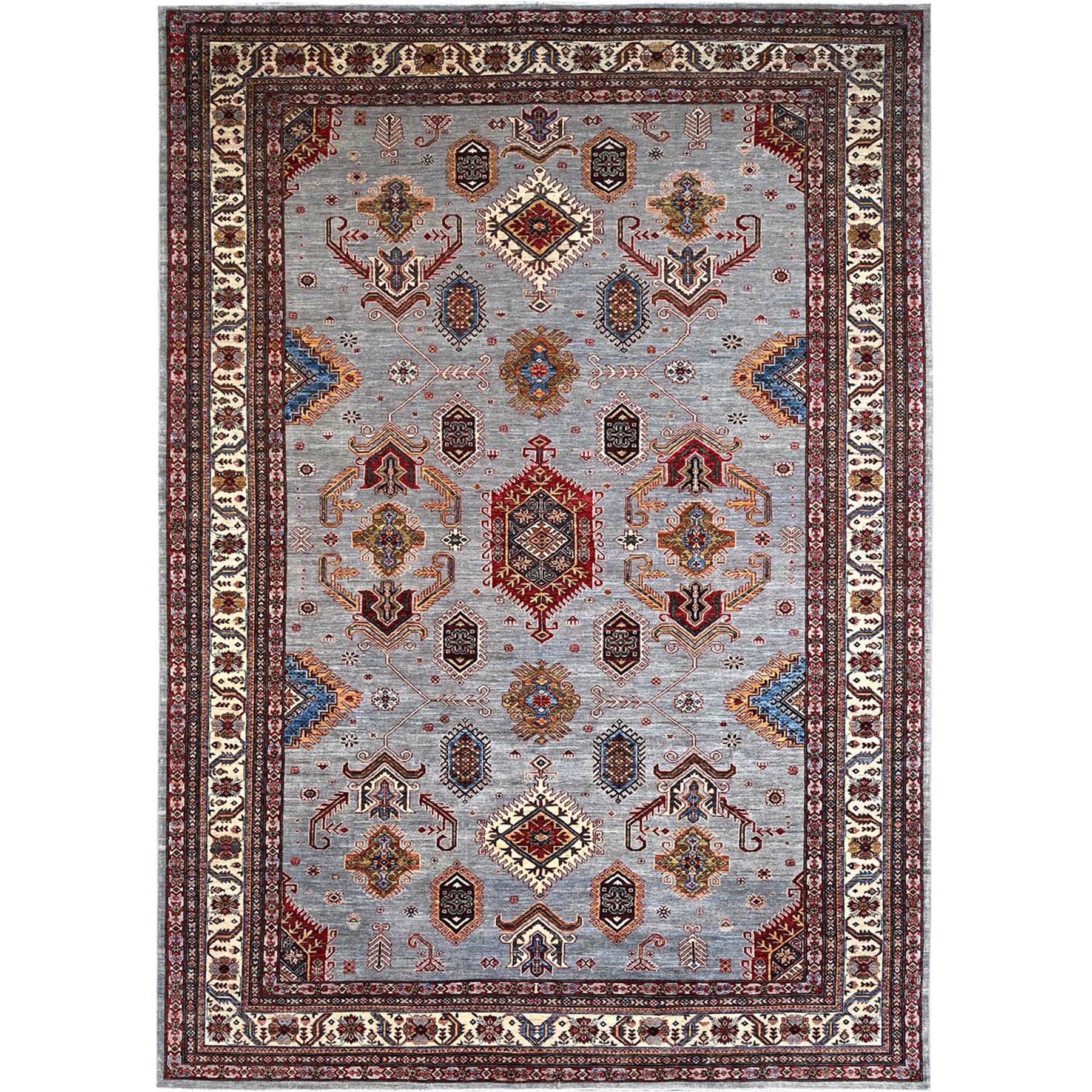 Koala Gray and Dove White, Afghan Super Kazak with Geometric Medallions Design, Hand Knotted, Pure Wool, Denser Weave, Oriental Rug